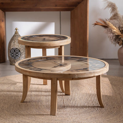 Mesa de café redonda rústica tradicional de madera, hierro y vidrio de 1 nivel para sala de estar 