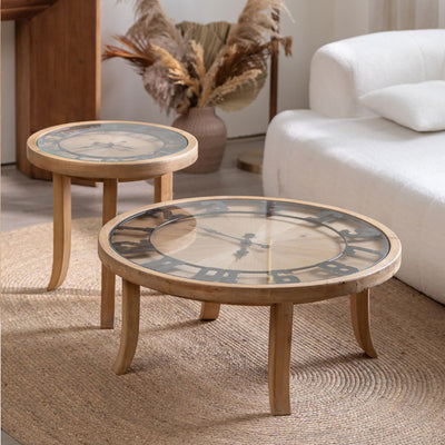 Mesa de café redonda rústica tradicional de madera, hierro y vidrio de 1 nivel para sala de estar 