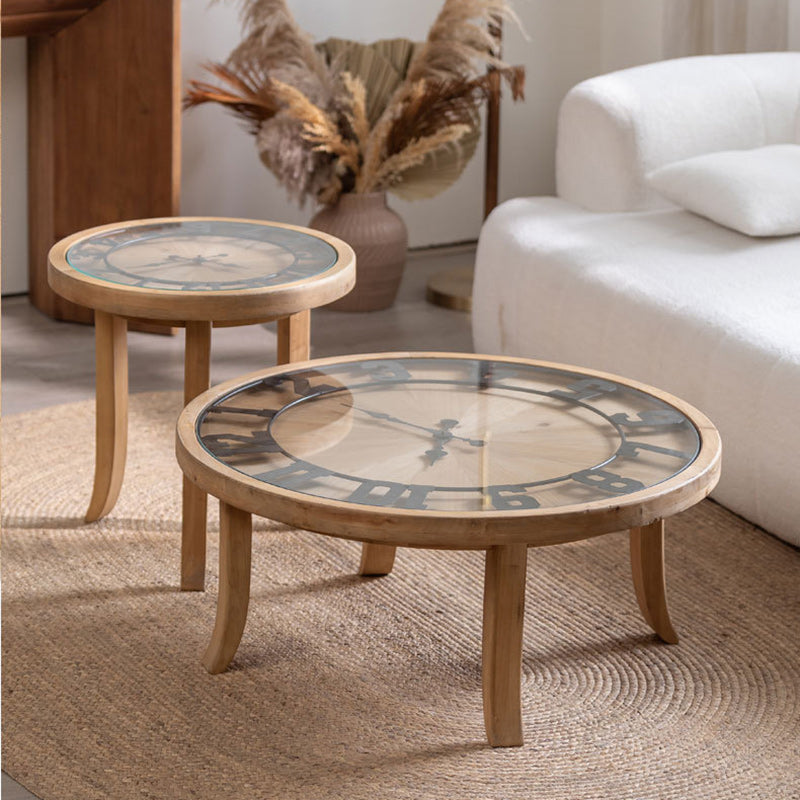 Mesa de café redonda rústica tradicional de madera, hierro y vidrio de 1 nivel para sala de estar 