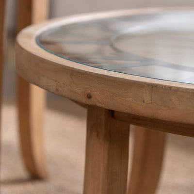 Mesa de café redonda rústica tradicional de madera, hierro y vidrio de 1 nivel para sala de estar 