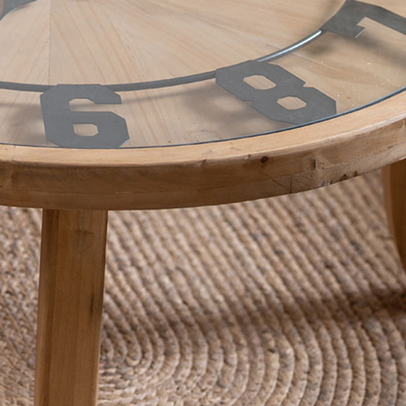 Mesa de café redonda rústica tradicional de madera, hierro y vidrio de 1 nivel para sala de estar 