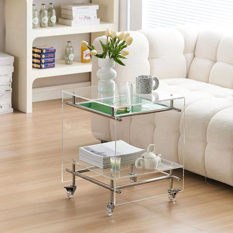 Zeitgenössischer Luxus Beweglicher Quadratischer Acryl-Edelstahl-Beistelltisch 2-stufig Für Wohnzimmer 