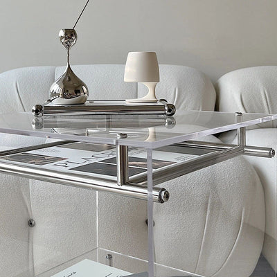 Zeitgenössischer Luxus Beweglicher Quadratischer Acryl-Edelstahl-Beistelltisch 2-stufig Für Wohnzimmer 