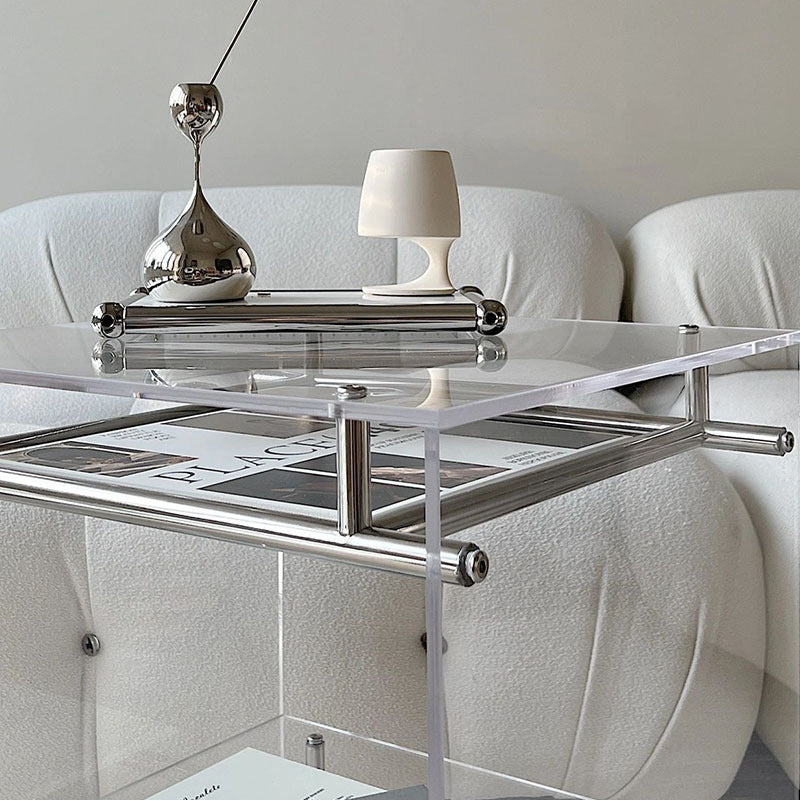 Zeitgenössischer Luxus Beweglicher Quadratischer Acryl-Edelstahl-Beistelltisch 2-stufig Für Wohnzimmer 