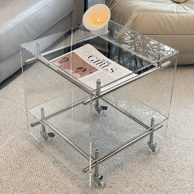Zeitgenössischer Luxus Beweglicher Quadratischer Acryl-Edelstahl-Beistelltisch 2-stufig Für Wohnzimmer 