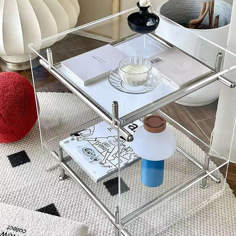 Zeitgenössischer Luxus Beweglicher Quadratischer Acryl-Edelstahl-Beistelltisch 2-stufig Für Wohnzimmer 