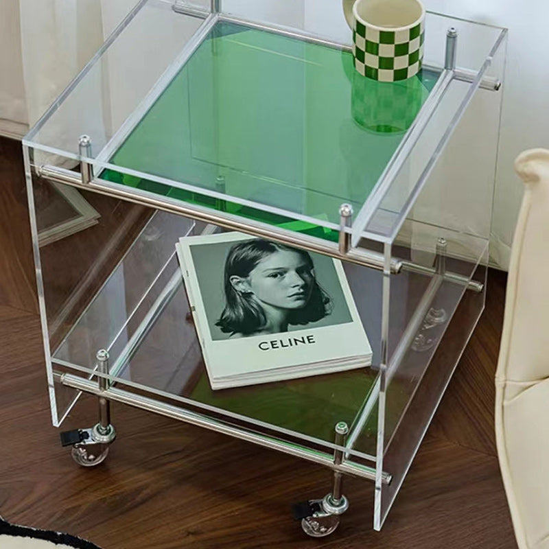 Zeitgenössischer Luxus Beweglicher Quadratischer Acryl-Edelstahl-Beistelltisch 2-stufig Für Wohnzimmer 