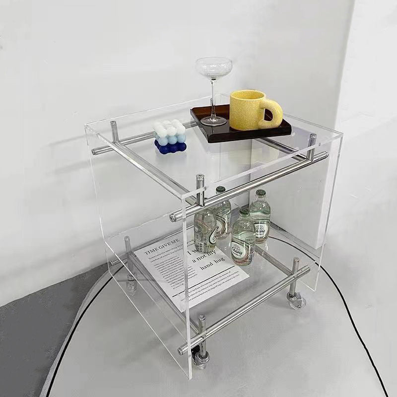 Zeitgenössischer Luxus Beweglicher Quadratischer Acryl-Edelstahl-Beistelltisch 2-stufig Für Wohnzimmer 