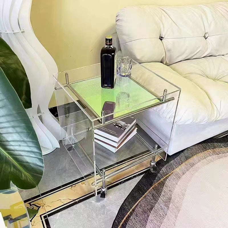 Zeitgenössischer Luxus Beweglicher Quadratischer Acryl-Edelstahl-Beistelltisch 2-stufig Für Wohnzimmer 