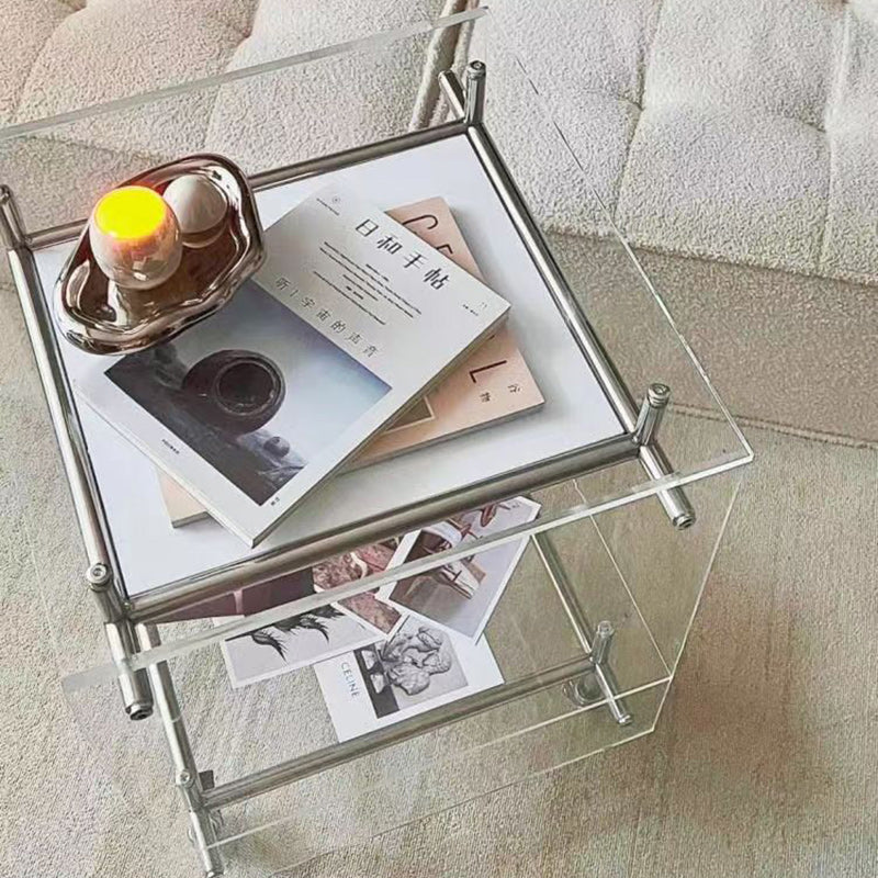 Zeitgenössischer Luxus Beweglicher Quadratischer Acryl-Edelstahl-Beistelltisch 2-stufig Für Wohnzimmer 