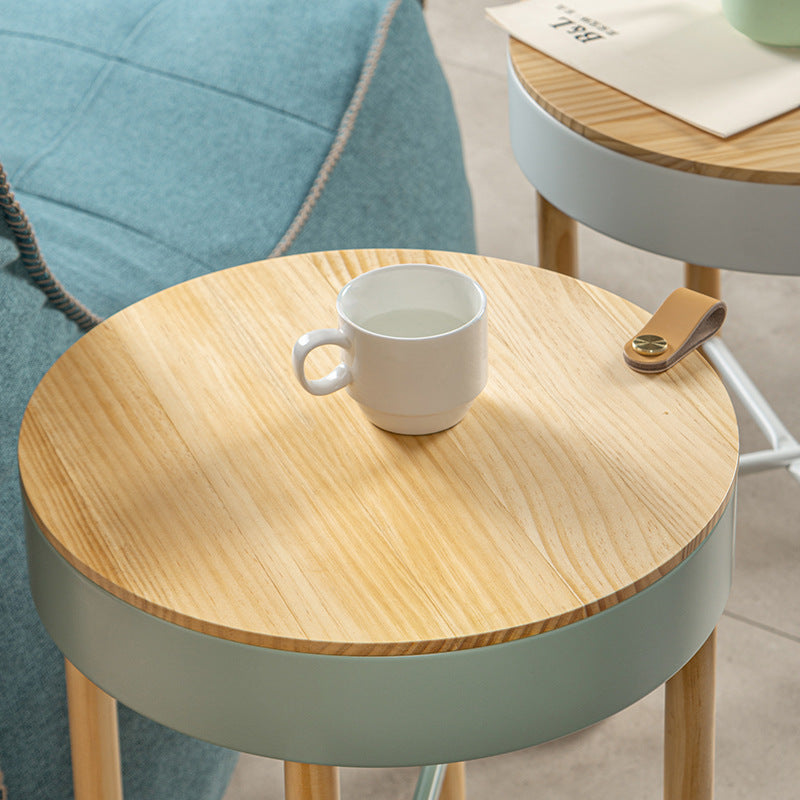 Moderner minimalistischer abnehmbarer runder Holz-Eisen-Beistelltisch mit 1 Ablage für das Wohnzimmer 
