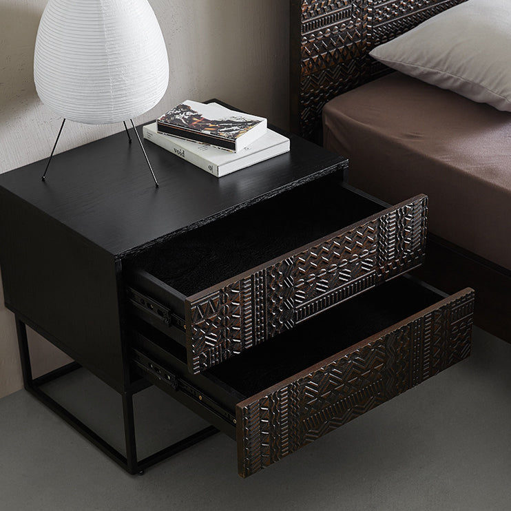 Table de nuit rectangulaire en bois rétro contemporain à 2 tiroirs pour chambre 