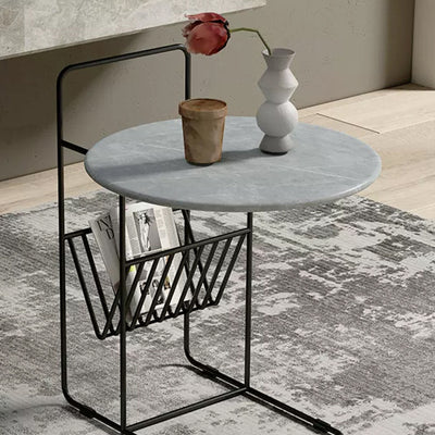 Modern Luxury Rock Slab Carbon Steel Frame Round End Table 1-Tier For Living Room