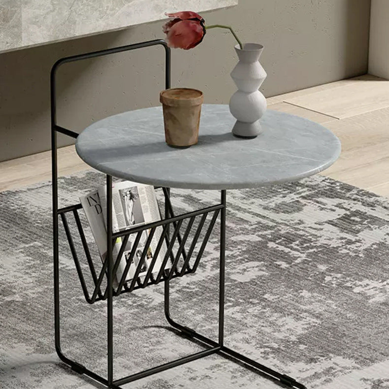 Modern Luxury Rock Slab Carbon Steel Frame Round End Table 1-Tier For Living Room