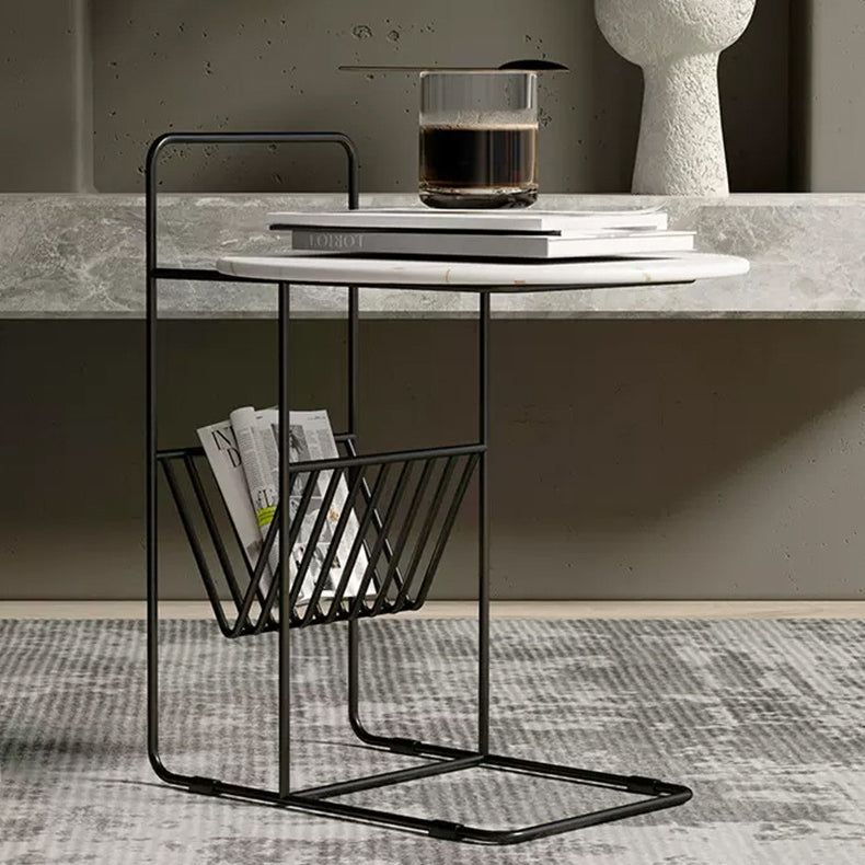 Modern Luxury Rock Slab Carbon Steel Frame Round End Table 1-Tier For Living Room