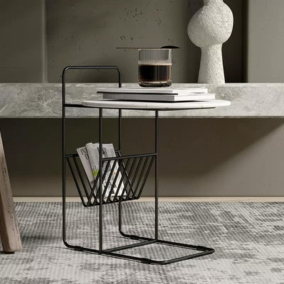 Modern Luxury Rock Slab Carbon Steel Frame Round End Table 1-Tier For Living Room