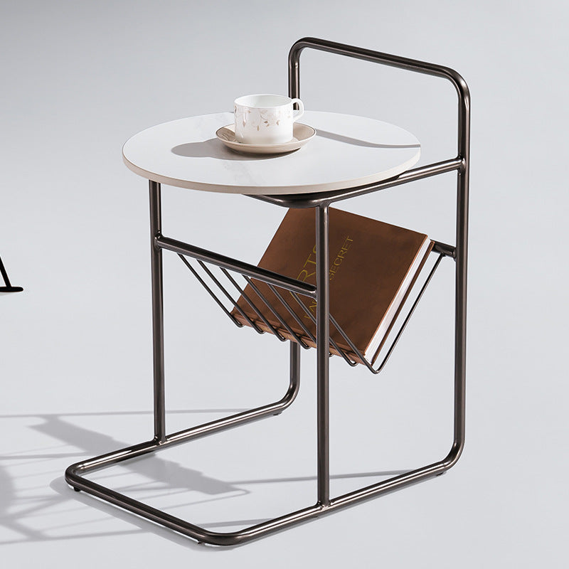 Modern Luxury Rock Slab Carbon Steel Frame Round End Table 1-Tier For Living Room