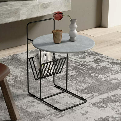 Modern Luxury Rock Slab Carbon Steel Frame Round End Table 1-Tier For Living Room