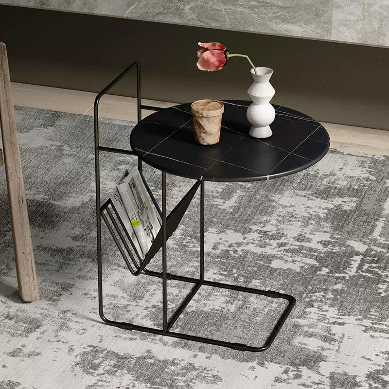 Modern Luxury Rock Slab Carbon Steel Frame Round End Table 1-Tier For Living Room