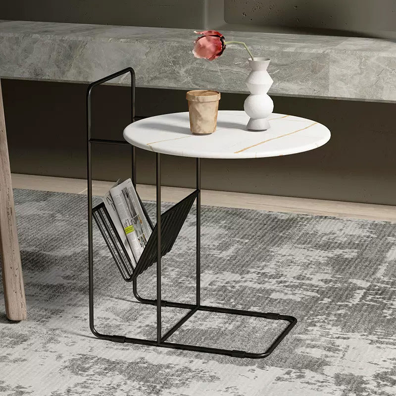 Modern Luxury Rock Slab Carbon Steel Frame Round End Table 1-Tier For Living Room
