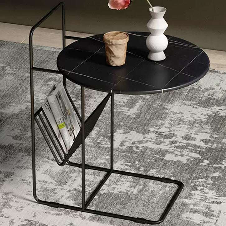 Modern Luxury Rock Slab Carbon Steel Frame Round End Table 1-Tier For Living Room