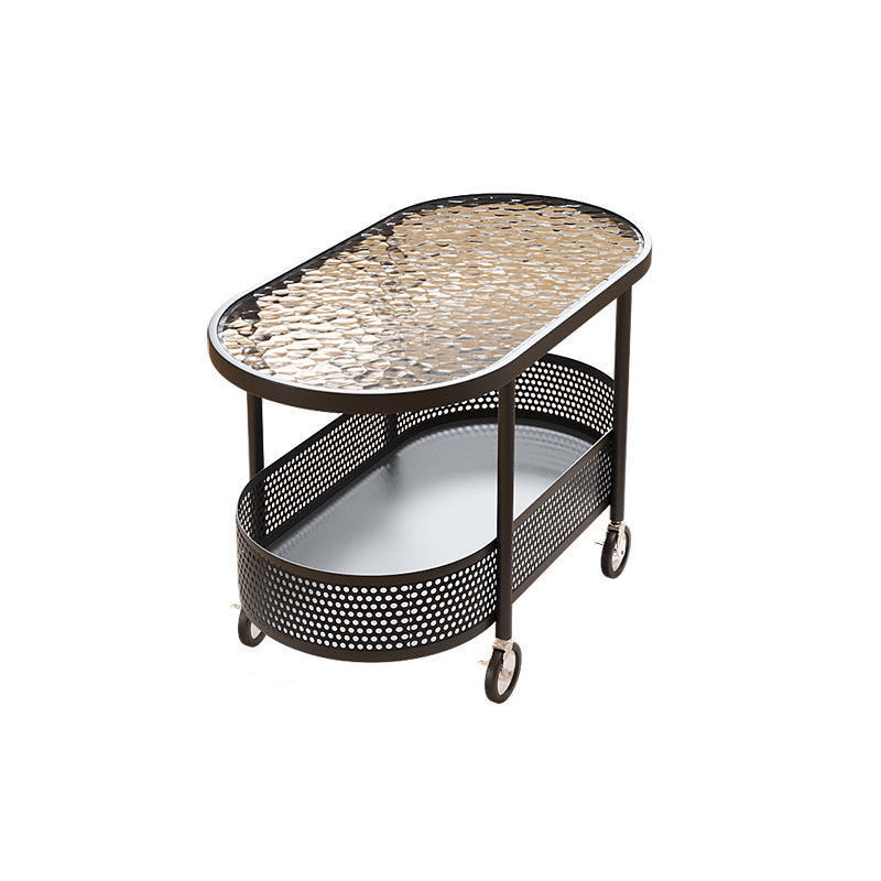 Modern Simplicity Oval Glass Top Iron Movable End Table 1-Tier Cabinet For Living Room