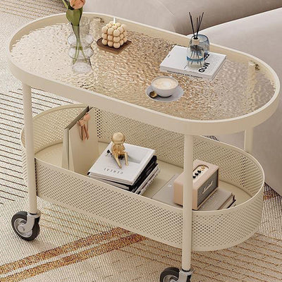 Modern Simplicity Oval Glass Top Iron Movable End Table 1-Tier Cabinet For Living Room