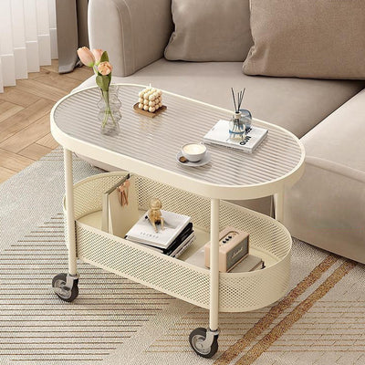 Modern Simplicity Oval Glass Top Iron Movable End Table 1-Tier Cabinet For Living Room