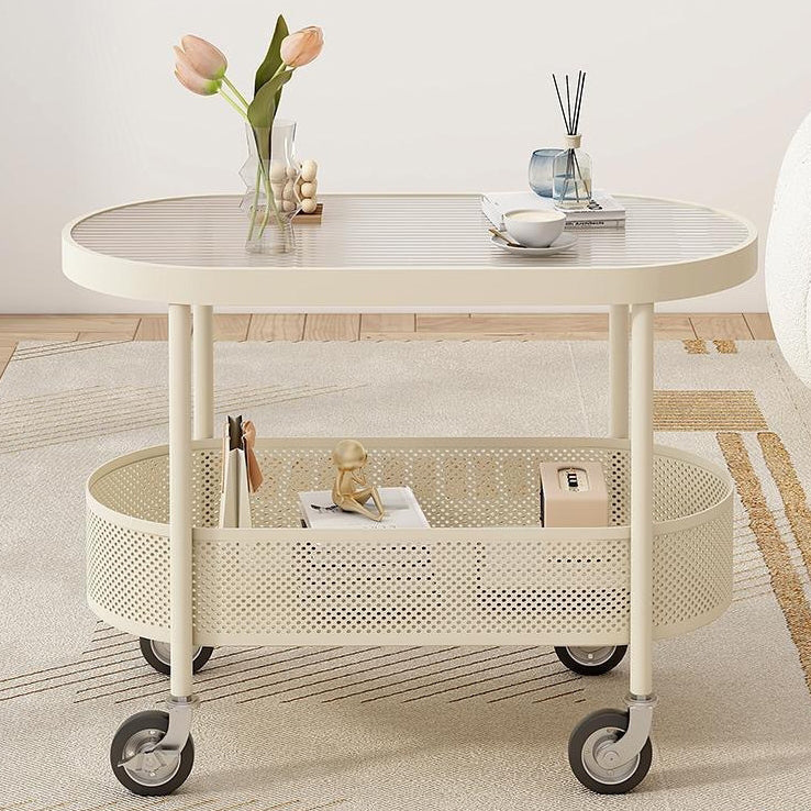 Modern Simplicity Oval Glass Top Iron Movable End Table 1-Tier Cabinet For Living Room