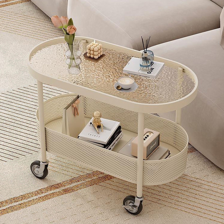 Modern Simplicity Oval Glass Top Iron Movable End Table 1-Tier Cabinet For Living Room