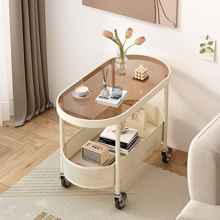 Modern Simplicity Oval Glass Top Iron Movable End Table 1-Tier Cabinet For Living Room