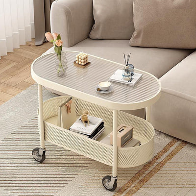 Modern Simplicity Oval Glass Top Iron Movable End Table 1-Tier Cabinet For Living Room