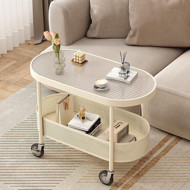 Modern Simplicity Oval Glass Top Iron Movable End Table 1-Tier Cabinet For Living Room