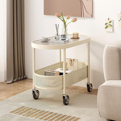 Modern Simplicity Oval Glass Top Iron Movable End Table 1-Tier Cabinet For Living Room