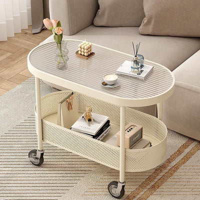Modern Simplicity Oval Glass Top Iron Movable End Table 1-Tier Cabinet For Living Room