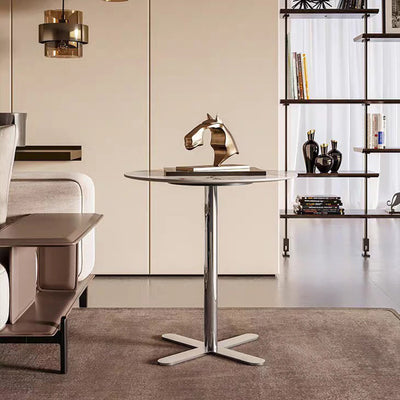 Table d'appoint moderne minimaliste en forme de dalle ronde avec base en acier inoxydable à 1 niveau pour salon 