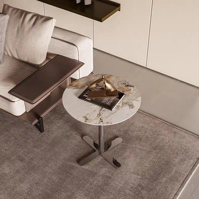 Table d'appoint moderne minimaliste en forme de dalle ronde avec base en acier inoxydable à 1 niveau pour salon 