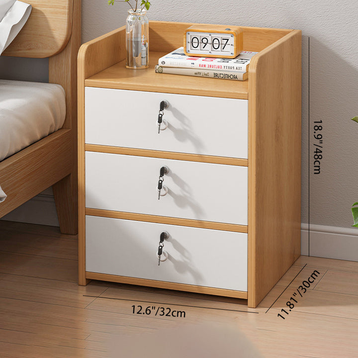 Mesita de noche rectangular minimalista moderna de MDF con cerradura y 3 cajones para dormitorio 