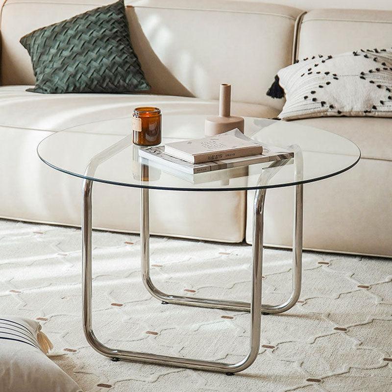 Mesa de café contemporánea escandinava redonda de vidrio y acero inoxidable de 1 nivel para sala de estar 