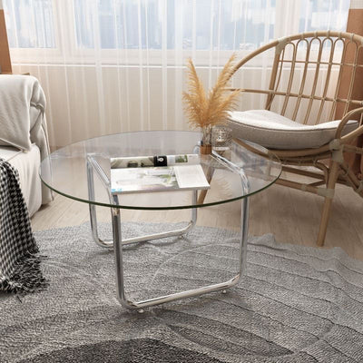 Mesa de café contemporánea escandinava redonda de vidrio y acero inoxidable de 1 nivel para sala de estar 