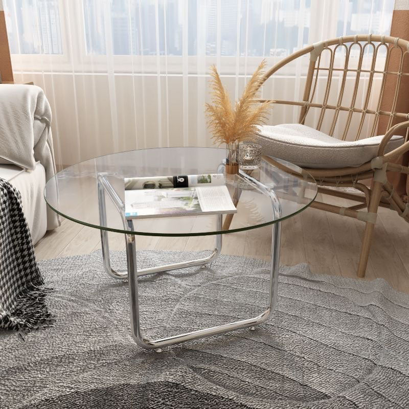 Mesa de café contemporánea escandinava redonda de vidrio y acero inoxidable de 1 nivel para sala de estar 