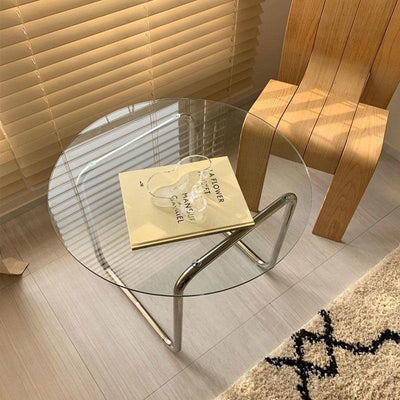 Mesa de café contemporánea escandinava redonda de vidrio y acero inoxidable de 1 nivel para sala de estar 