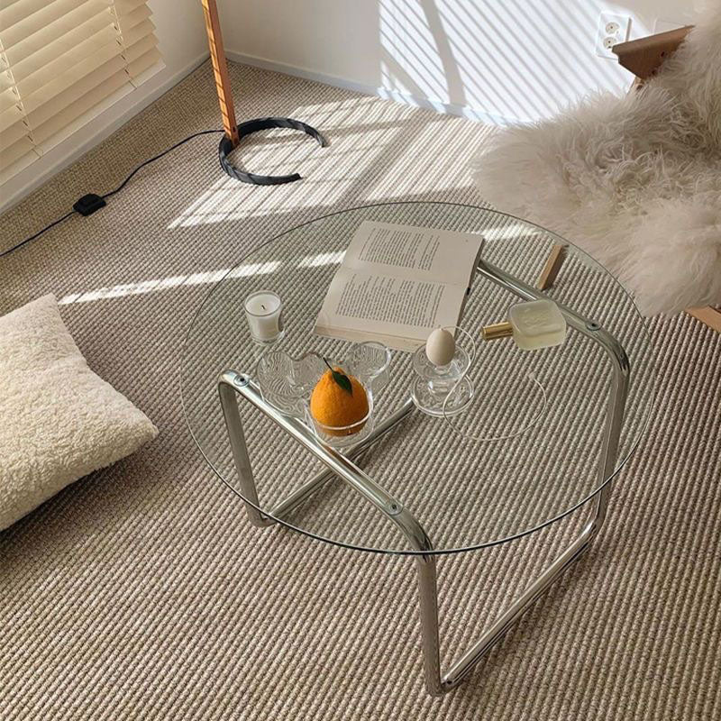Mesa de café contemporánea escandinava redonda de vidrio y acero inoxidable de 1 nivel para sala de estar 