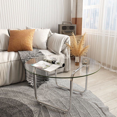Mesa de café contemporánea escandinava redonda de vidrio y acero inoxidable de 1 nivel para sala de estar 