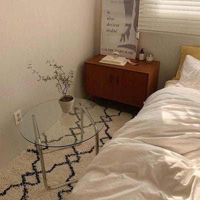 Mesa de café contemporánea escandinava redonda de vidrio y acero inoxidable de 1 nivel para sala de estar 