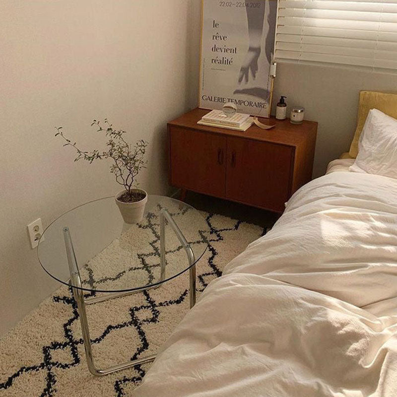 Mesa de café contemporánea escandinava redonda de vidrio y acero inoxidable de 1 nivel para sala de estar 