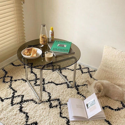Mesa de café contemporánea escandinava redonda de vidrio y acero inoxidable de 1 nivel para sala de estar 