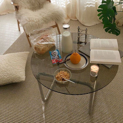 Mesa de café contemporánea escandinava redonda de vidrio y acero inoxidable de 1 nivel para sala de estar 