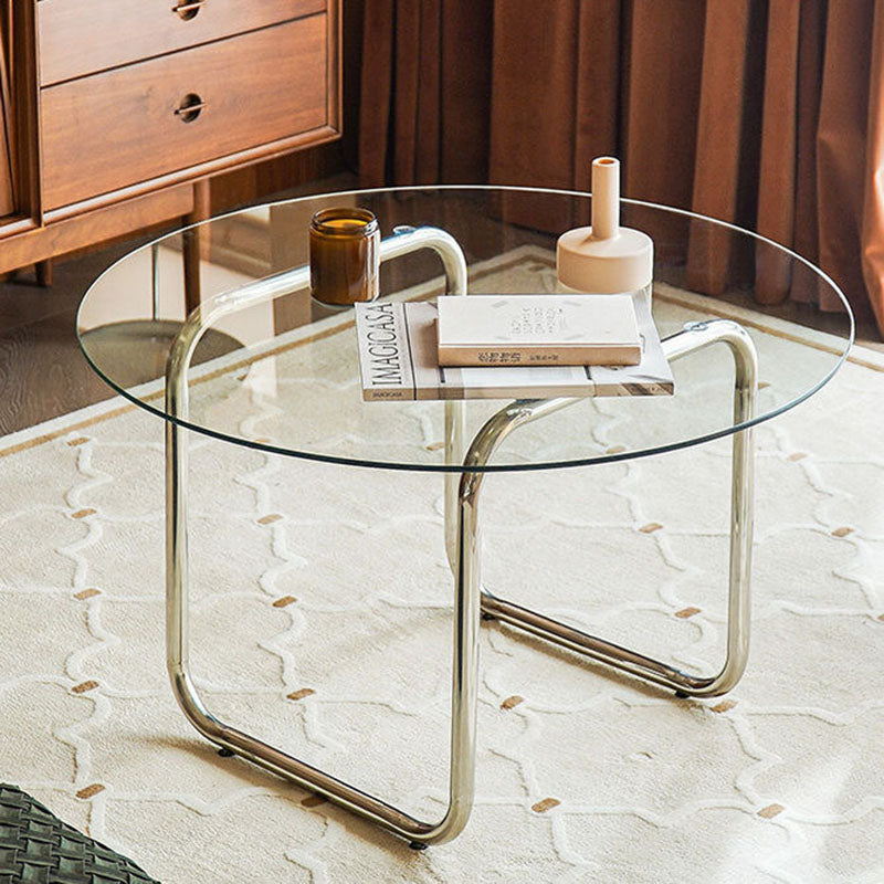 Mesa de café contemporánea escandinava redonda de vidrio y acero inoxidable de 1 nivel para sala de estar 