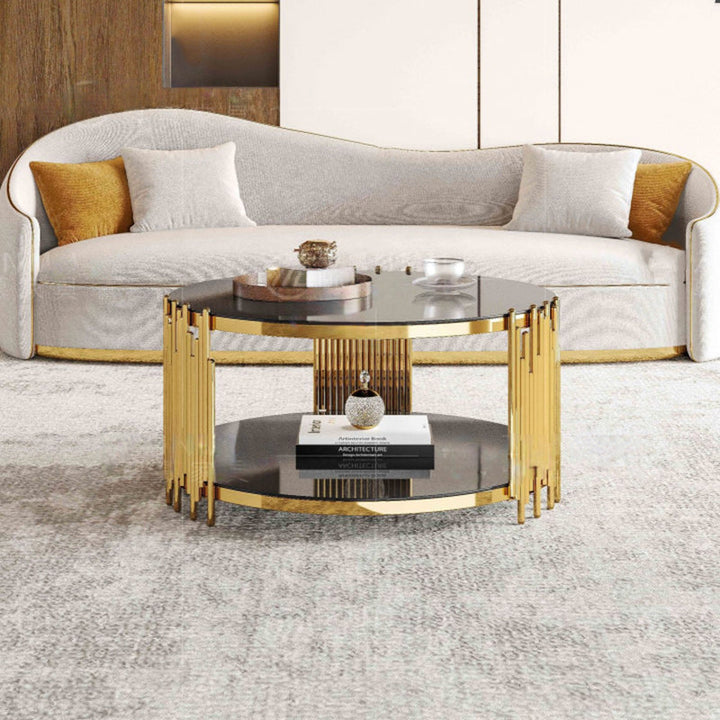 Zeitgenössischer skandinavischer runder Zylinder-Notiz-Glas-Edelstahl-Couchtisch 2-stufig für Wohnzimmer 